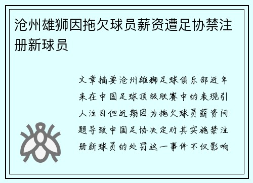 沧州雄狮因拖欠球员薪资遭足协禁注册新球员